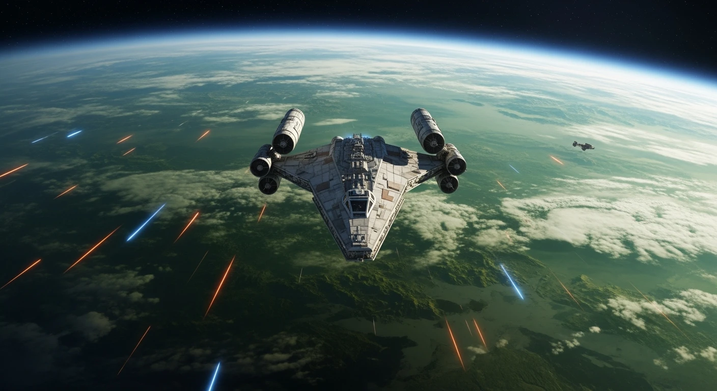 cinematic still, motion blur shutter speed, establishing shot, shot from top, green planet,  starship coming to planet, inspired by StarWars movie, captured by arri alexa  emoji