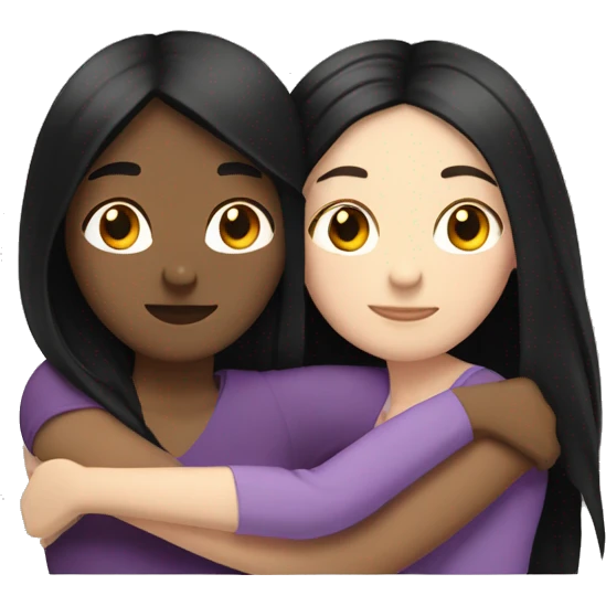 A lesbian couple who both have white skin and long black hair are hugging intimately. emoji