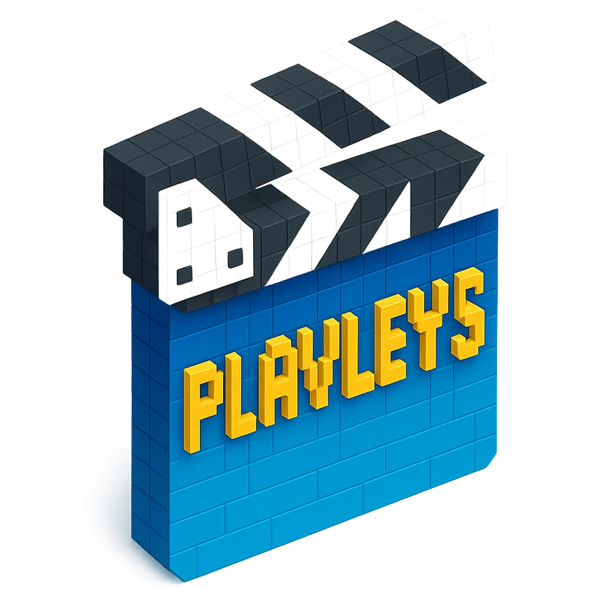 voxel style movie clapperboard with the text 'PLAVLEYS', black body, white lid, isometric view emoji