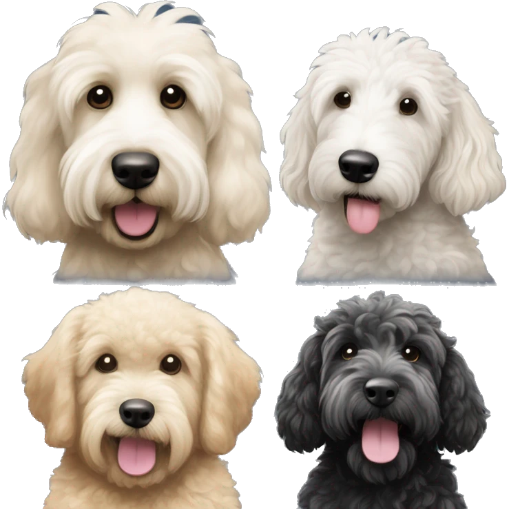 One Black goldendoodle, one black goldendoodle with white patch on chest, one cream golden doodle,  one black white mini Sheepadoodle emoji