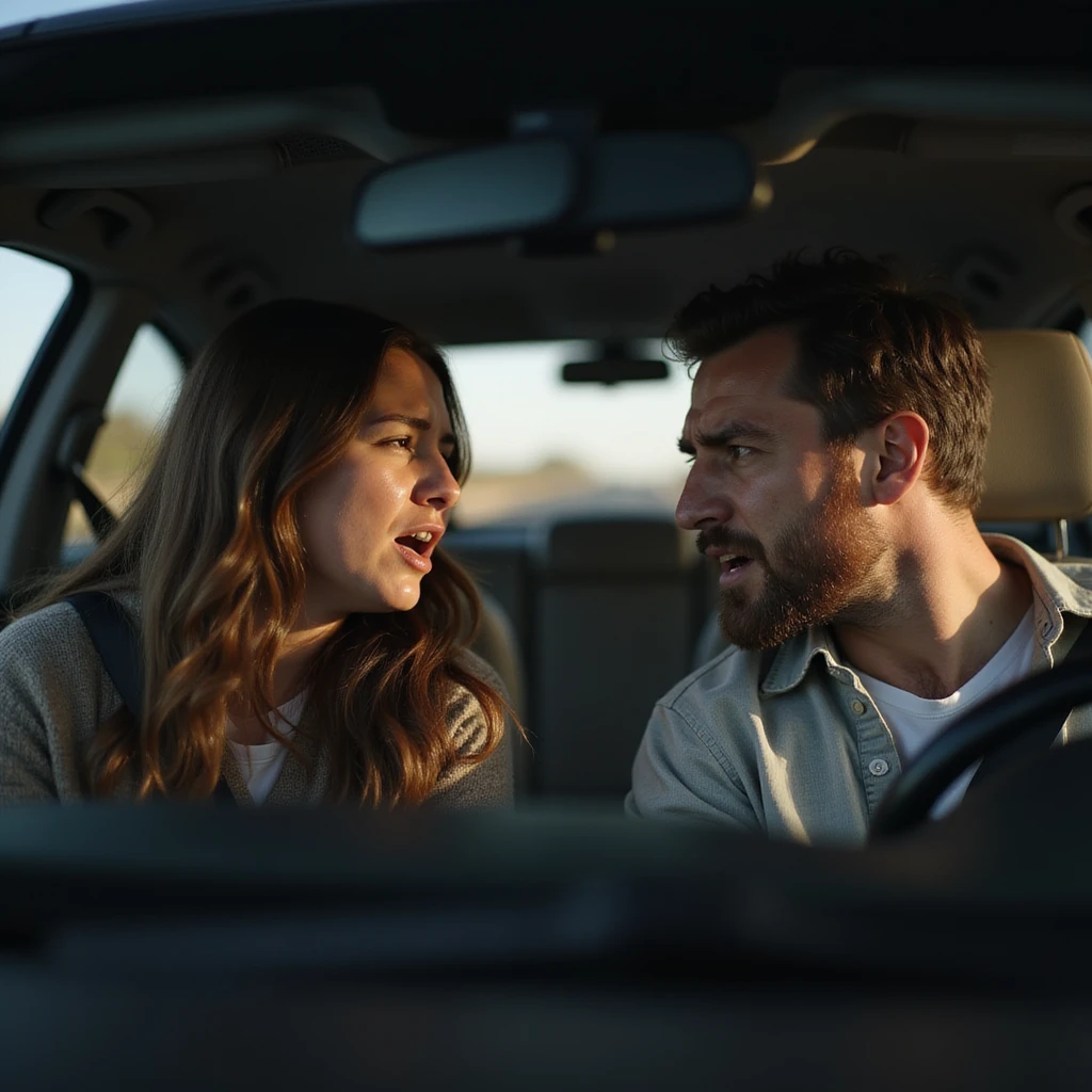 Two people arguing inside a car, heated gestures, angry faces, car interior environment, hyperrealistic details, 4K resolution emoji