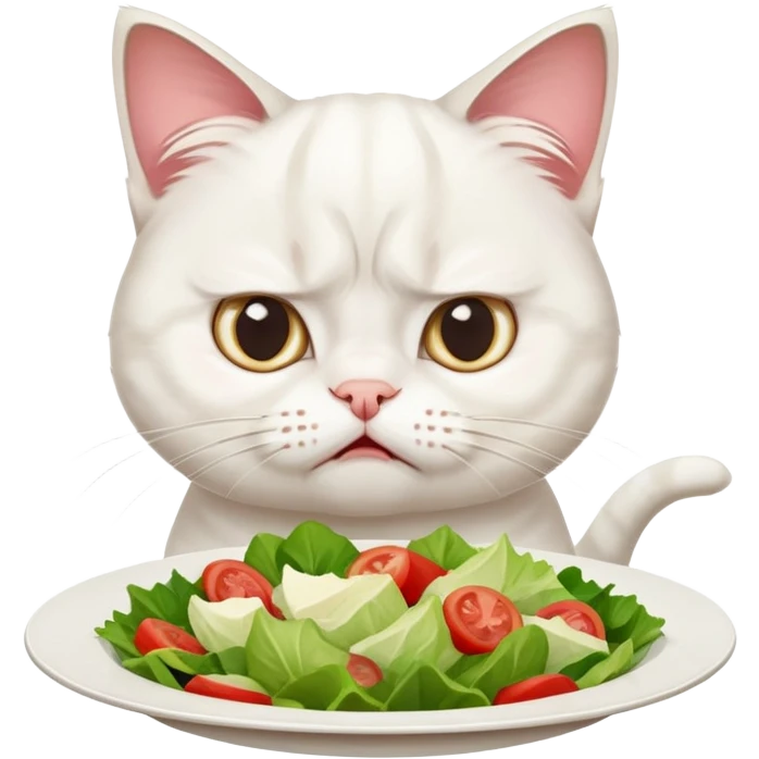 grumpy white cat sitting at a table, looking confused with its ears slightly back. In front of the cat is a plate with a salad with mouth a little open, and Disagree in the cat's face emoji