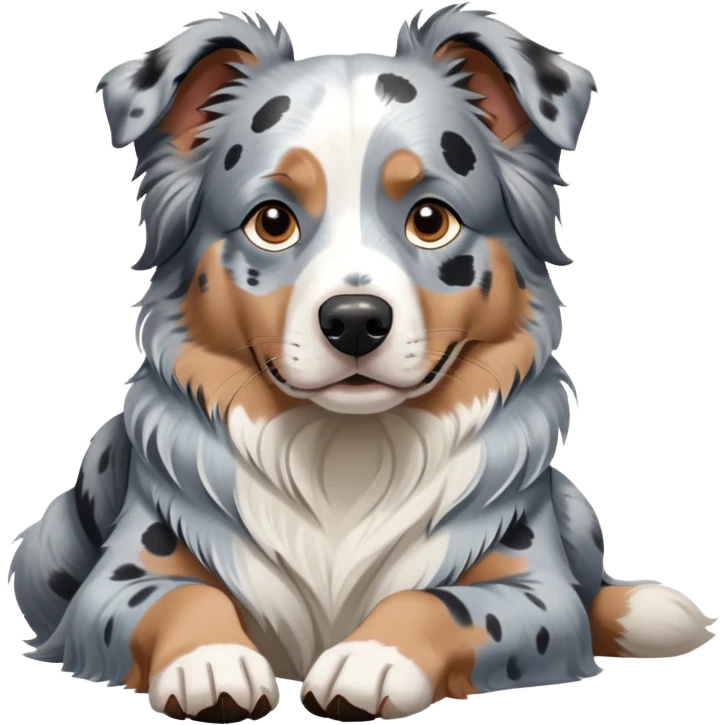 Merle Australian Shepherd dog laying down, blue merle coat with white and black spots, relaxed pose emoji