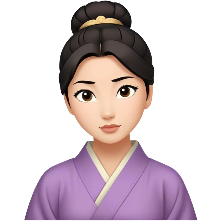 Cinematic Serene Mulan Portrait Emoji, rendered in a simplified vector style. Depict a gentle Mulan (chest and above) with warm, radiant skin, sleek dark hair pulled back in a neat bun, and a calm, thoughtful expression, wearing a simple traditional robe in muted hues. The design glows softly with an elegant, inviting light. emoji