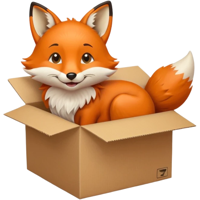 happy fox curled up in a box, glancing upward, emoji style emoji