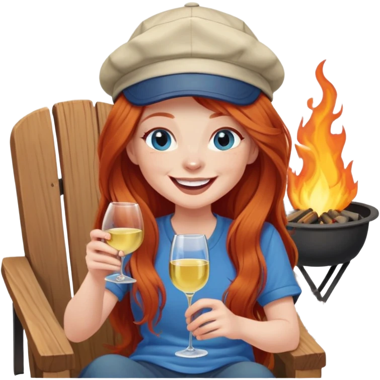 Laughing redhead with long hair and blue eyes wearing cap holding white wine sitting in chair beside fire pit emoji