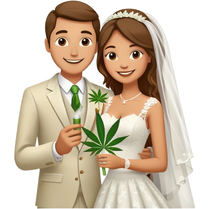 Newlywed couple, bride and groom, full body, sharing a cannabis joint at wedding emoji