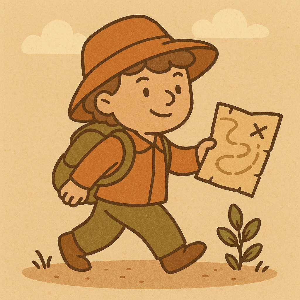 a brave explorer with a map and backpack, cartoon style emoji
