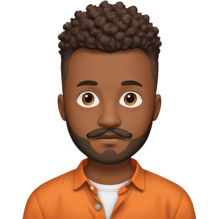 
"Brown adult man (around 24), curly mohawk with shaved sides, beard and mustache. Wearing an orange collarless round-neck button-up shirt. No teenage or old features."

 emoji