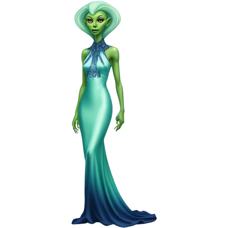 reptilian green alien woman, in long slim pastel blue formal party satin dress with gradient shiny sparkling navy blue diamonds embroidered, full body full figure emoji