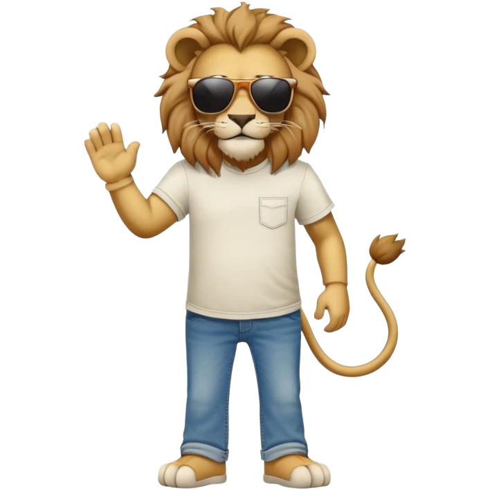 anthropomorphised lion in t-shirt and jeans with sunglasses walking upright, relaxed pose emoji