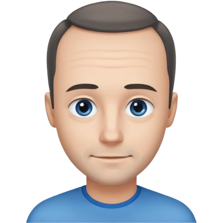 Man with black-greyish receding hairline, some hair on top, small blue eyes, clear face, shy smile emoji