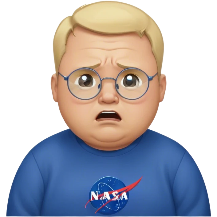 angry chubby man, crying like a kid,  blond short and hight receding hairline, wearing a dark blue sweatshirt, nasa logo on the sweatshirt, round glasses without frame, 40 years old emoji
