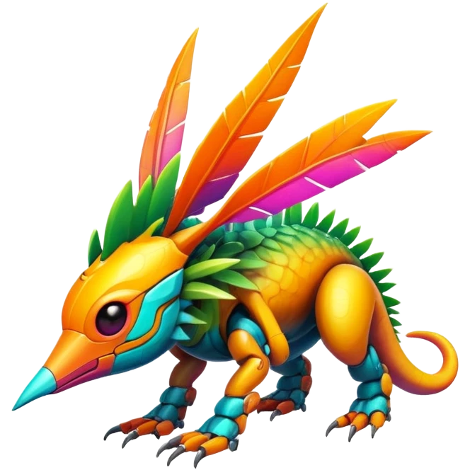 Tropical futuristic lush warm-colored modern colorful cyber-Fakémon-Trico-creature emoji