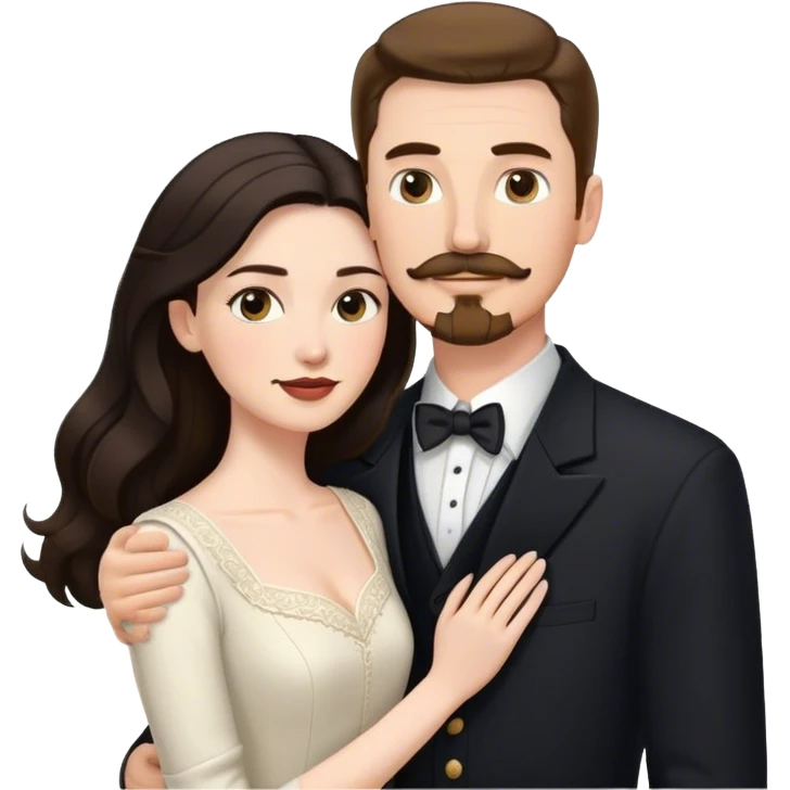 married couple portrait, tall white man with brown hair goatee mustache embracing a pale woman with long black hair, wearing formal clothing emoji