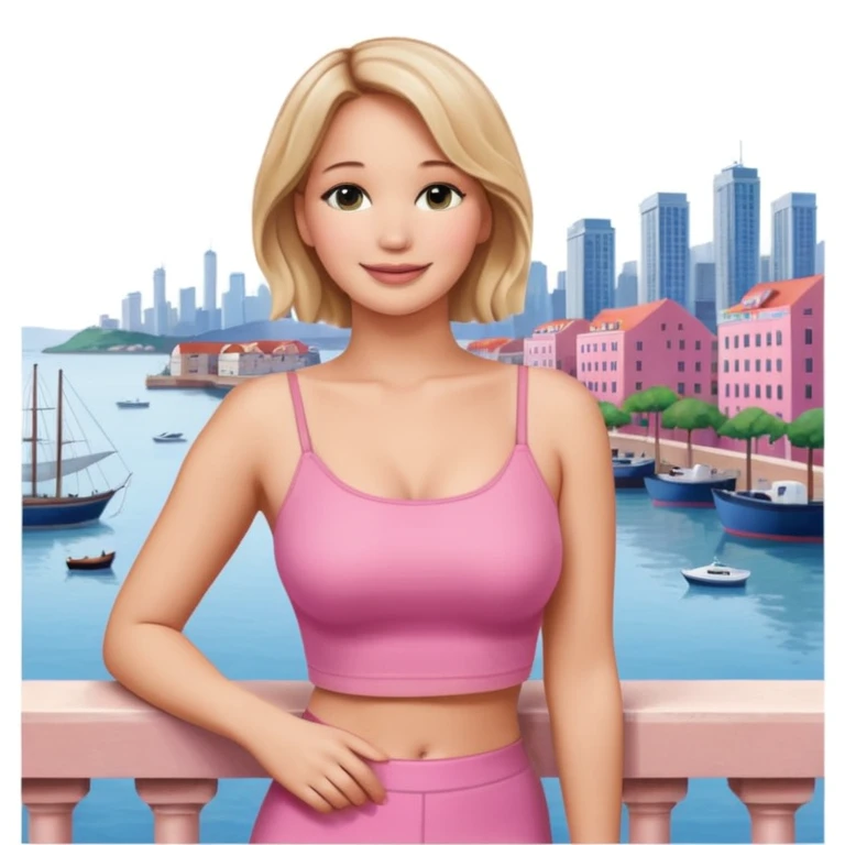 jennifer lawrence, pink crop top leaning on a balcony with a harbor and cityscape in the background, smiling emoji