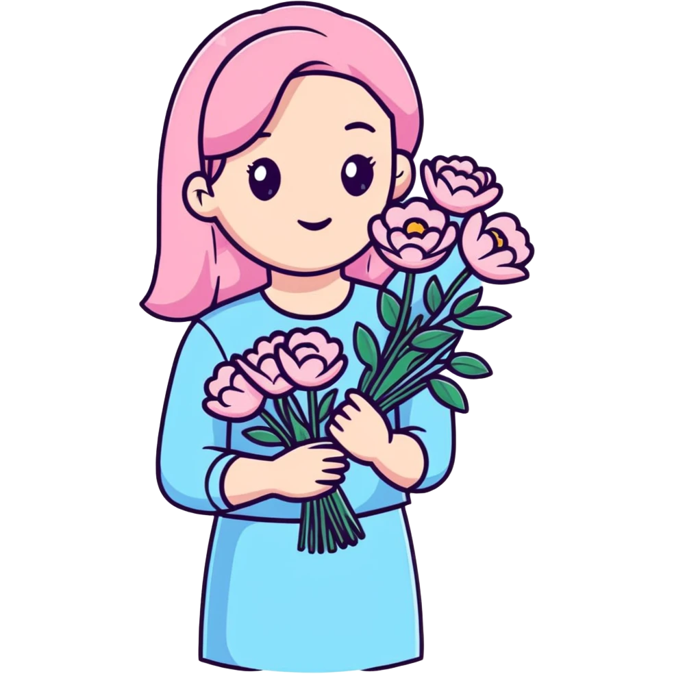 girl wearing pastel blue clothes holding a bouquet of pink flowers emoji