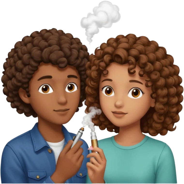 teenage couple, boy with brown skin vaping a brown puff, girl with brown curly hair, both gazing at each other lovingly emoji