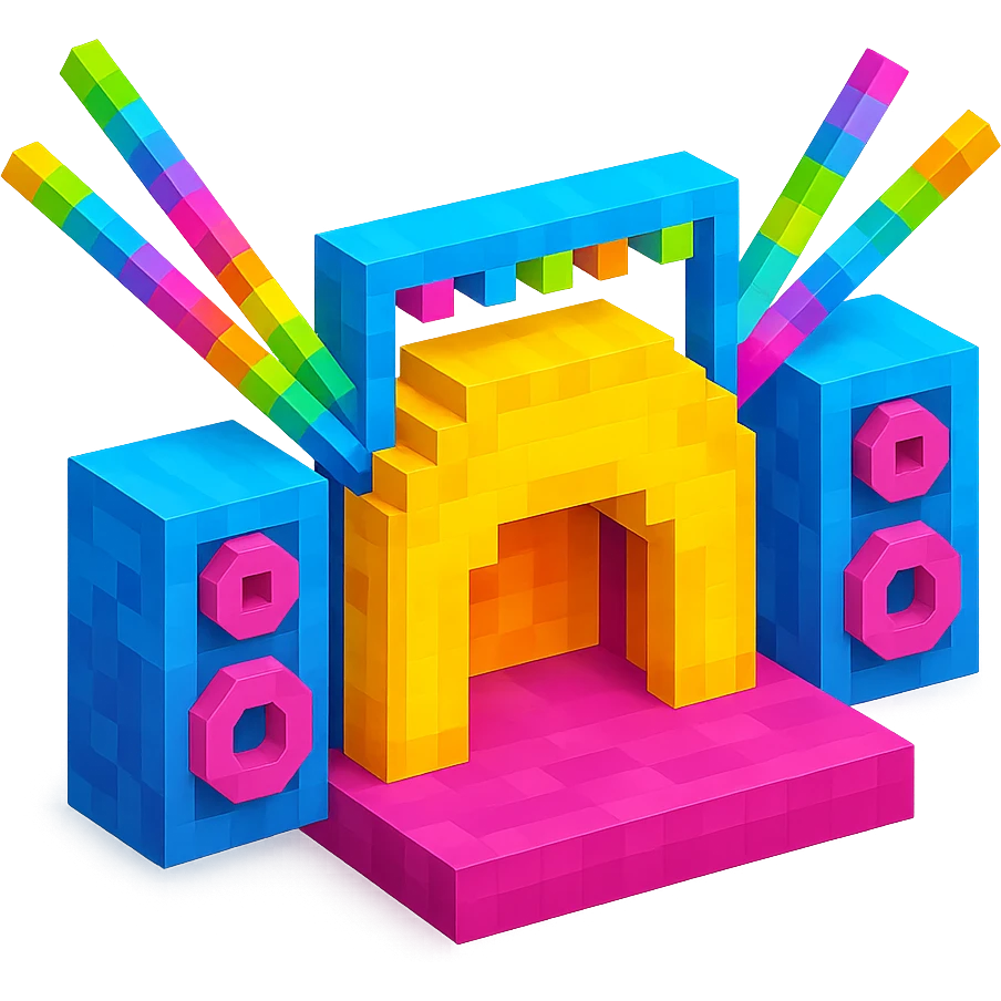 music festival main stage with giant speakers and lasers emoji