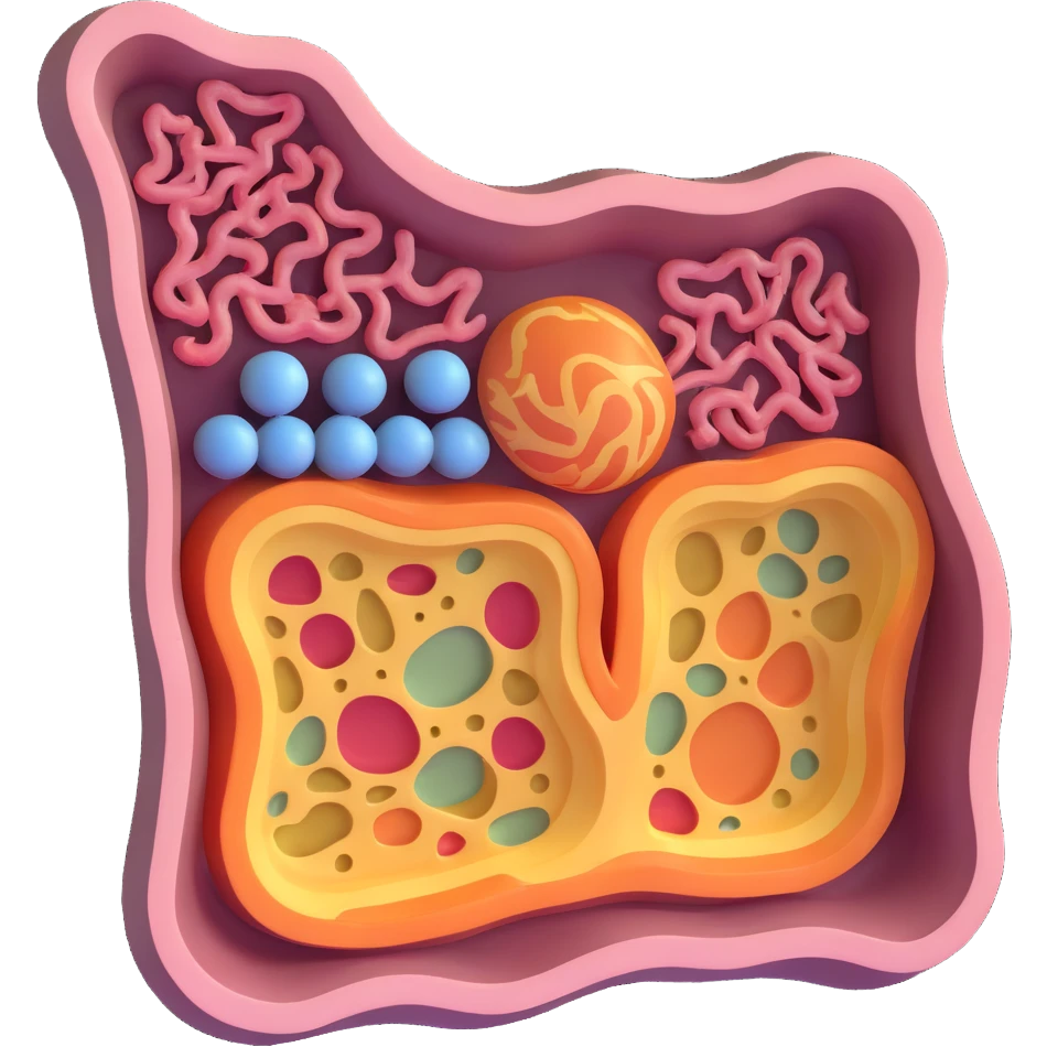 3D cross-sectional view of a cell membrane with adjacent organelles, detailed phospholipid bilayer, integral and peripheral proteins, cholesterol, glycoproteins, visible Golgi apparatus and lysosomes, scientific illustration style emoji