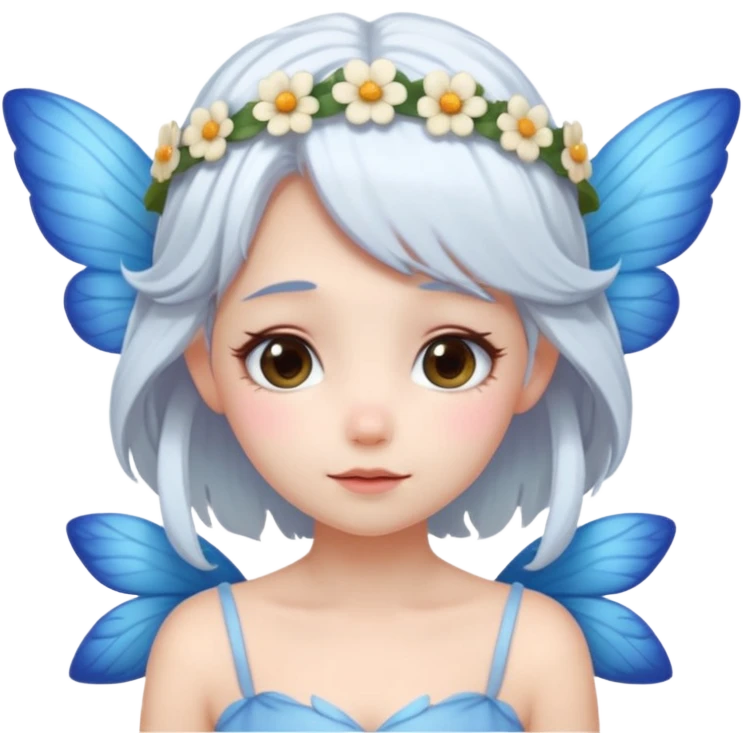 A shy white hair fairy with soft blue wings with flower smallcrown emoji