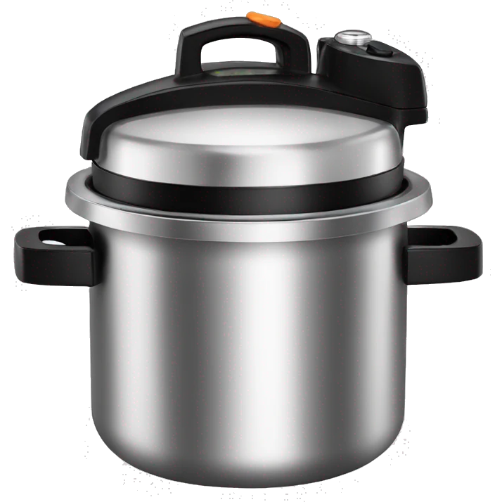 Stainless steel pressure cooker, with black gights, 3 black clamps on the cover,  on the knob emoji