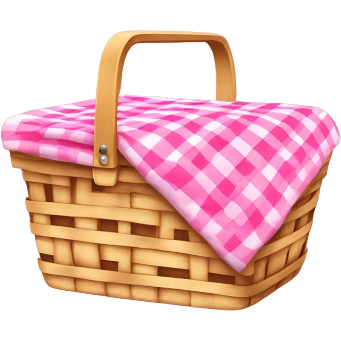 Wicker picnic basket with pink gingham blanket emoji