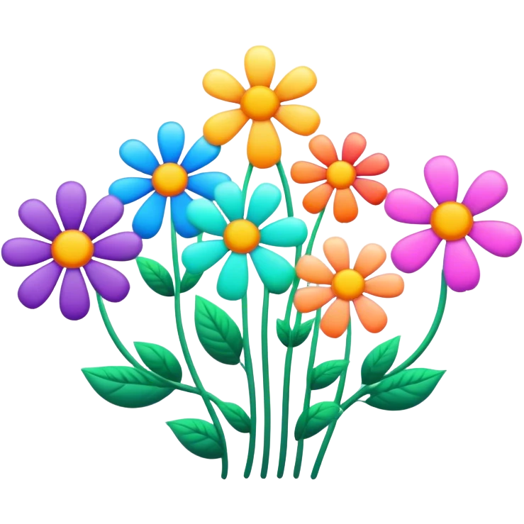 3D, psychedelic colored hippie style flowers in a line  emoji