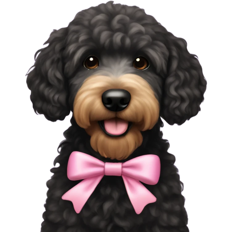 A black golden doodle with a coquette bow emoji