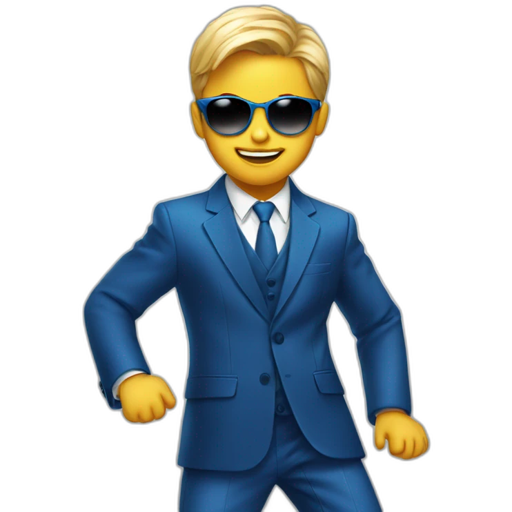 Little kid dancing at party with full blue suit and sunglasses emoji