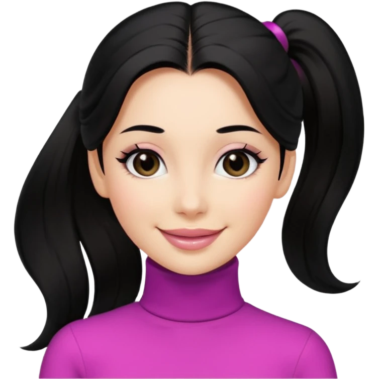 a woman with long sleeve turtle neck top and smile, her hair is long black pony tail, her eyes color are black and the color of her lip is soft pink emoji