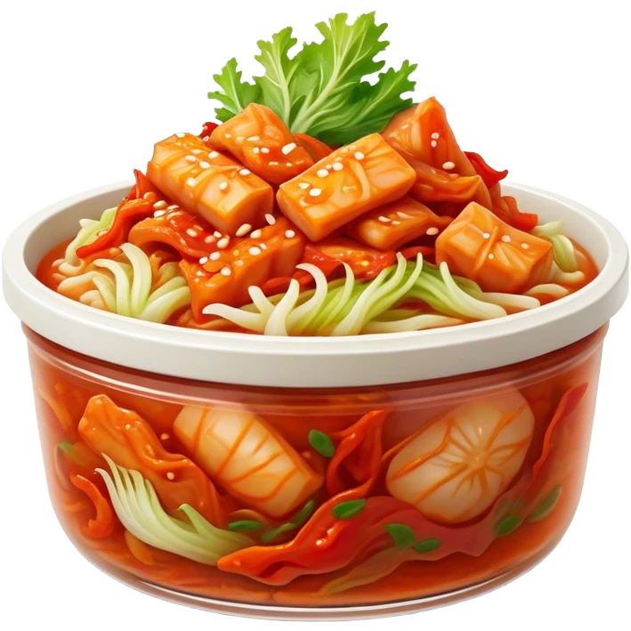 Cinematic Realistic Kimchi Dish Emoji, depicted as a vibrant fermented cabbage dish with a spicy kick rendered with detailed textures and dynamic, appetizing lighting. emoji