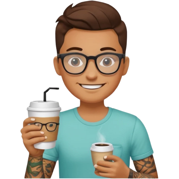 gözlük takan, dövmeli ve elinde kahve tutan, yaz kıyafetli insan. emoji