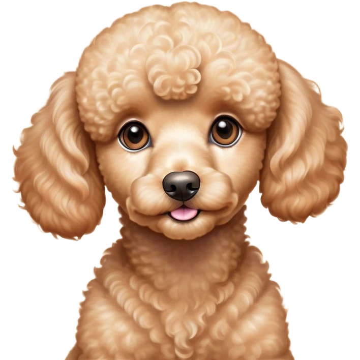Cinematic Cute Apricot Poodle Portrait Emoji, Head tilted playfully and inquisitively, showcasing a bouncy, curly apricot Fur with a luminous sheen, round, sparkling warm eyes filled with curiosity, Simplified yet irresistibly adorable features, highly detailed, glowing with a warm, friendly glow, high shine, affectionate and lively, stylized with a touch of whimsy, bright and endearing, soft glowing outline, capturing the essence of a mischievous yet loving companion, so playful it feels like it could bounce out of the screen and into your arms! emoji