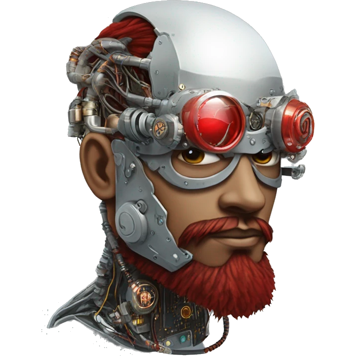 cyborg head with Silver mohawk, red steampunk goggles, long red beard and circuits emoji