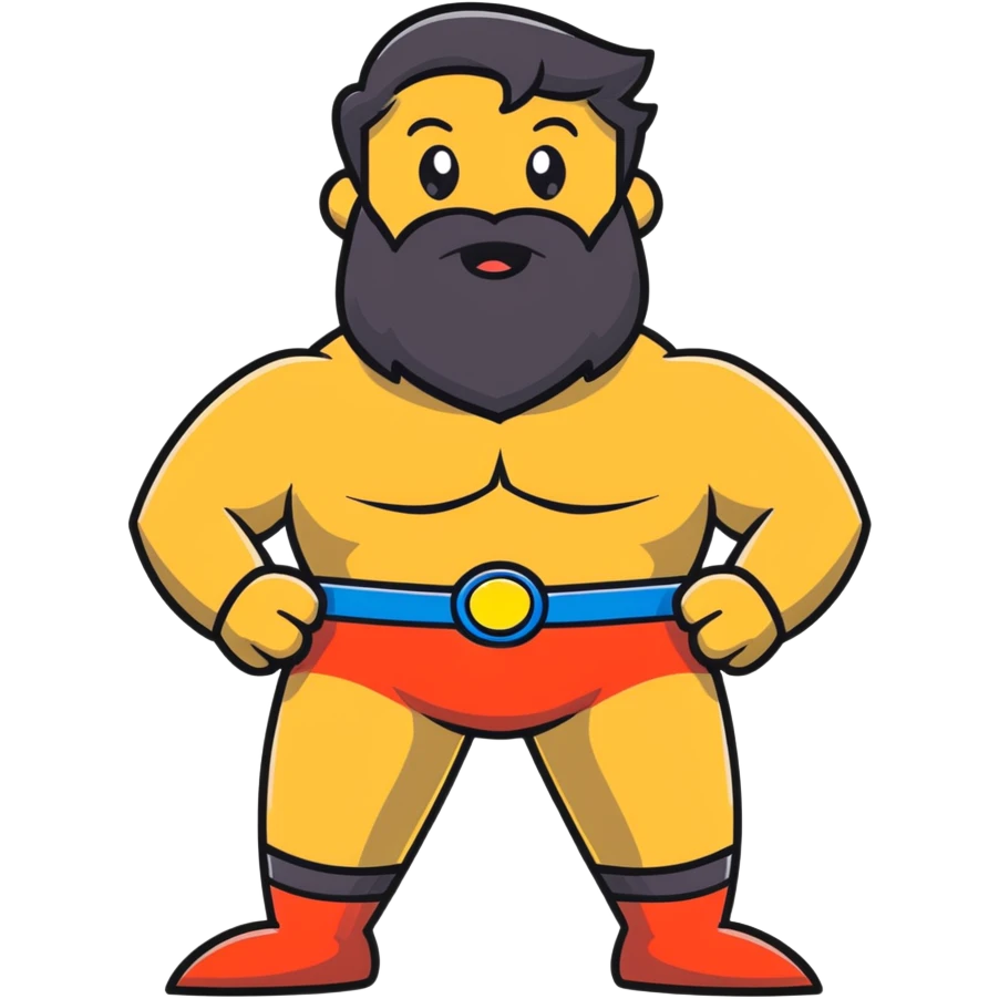silly superhero with giant beard wearing underwear outside costume, goofy expression emoji