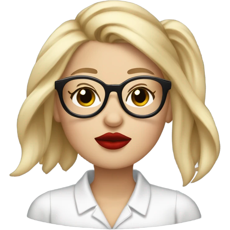 White girl, blonde hair, eyes closed, red lipstick,  wearing glasses kisses Yorkshire terrier  emoji