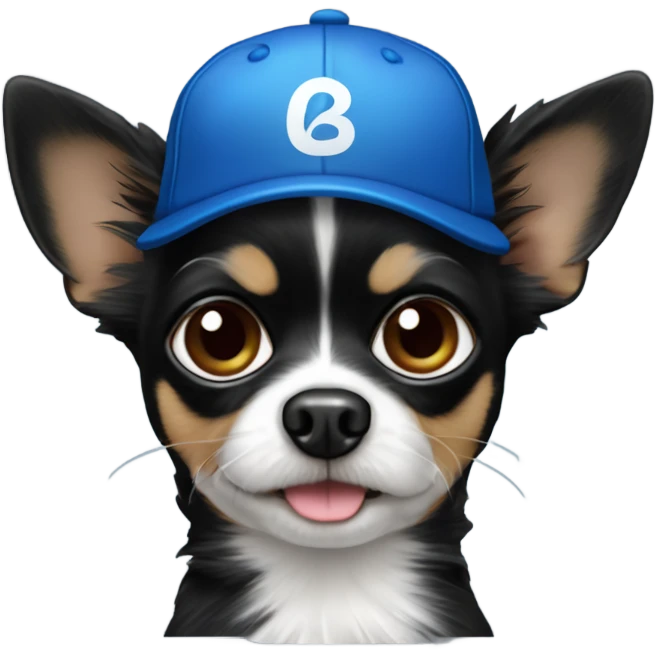 Old man with blue eyes goatee beard ball cap holds cute black long fur Chihuahua emoji