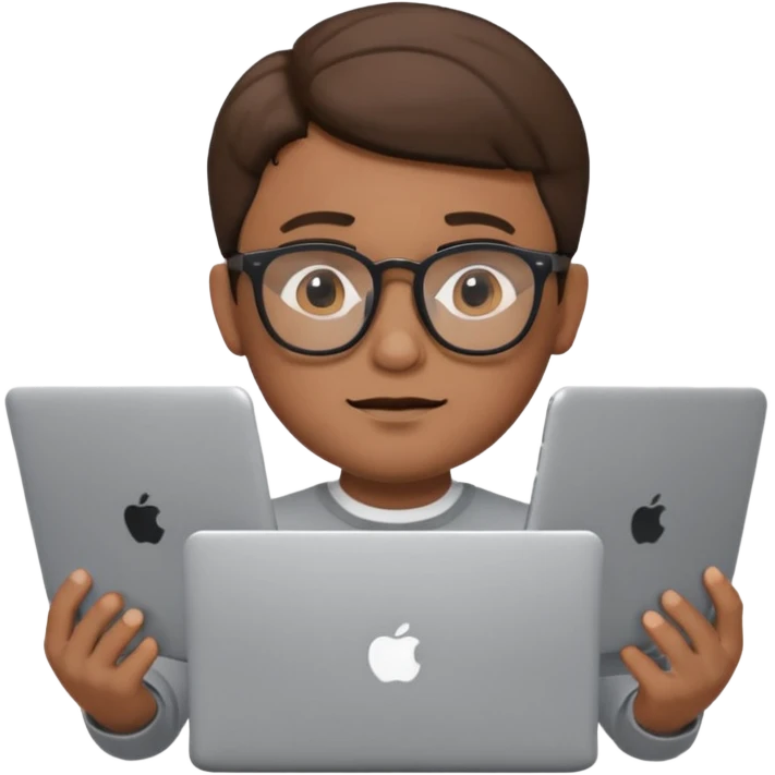 male memoji, man with glasses, laptop in hands, focused expression, smart vibe emoji