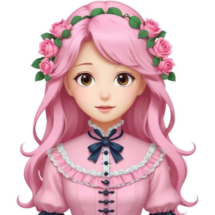 Gorgeous pastel anime lady with long hair and pink victorian style clothes and roses emoji