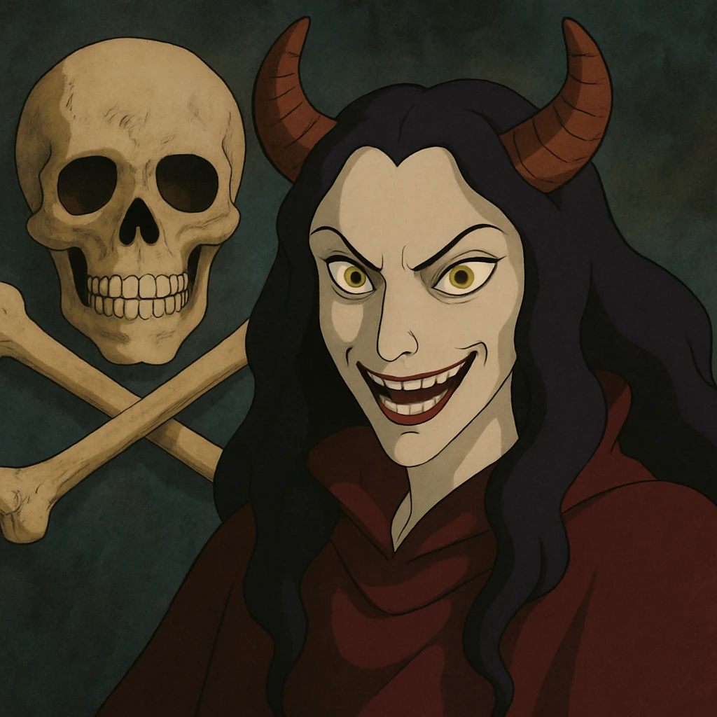 cara malvada sonriendo con cuernos y una calavera con huesos cruzados emoji