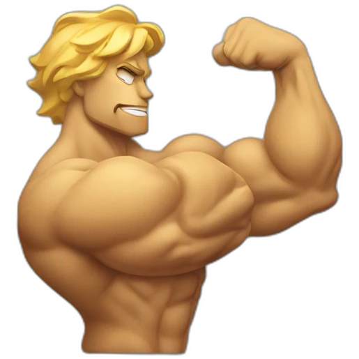 a golden stone flexing a bicep and sweating while thinking with a comic bubble emoji