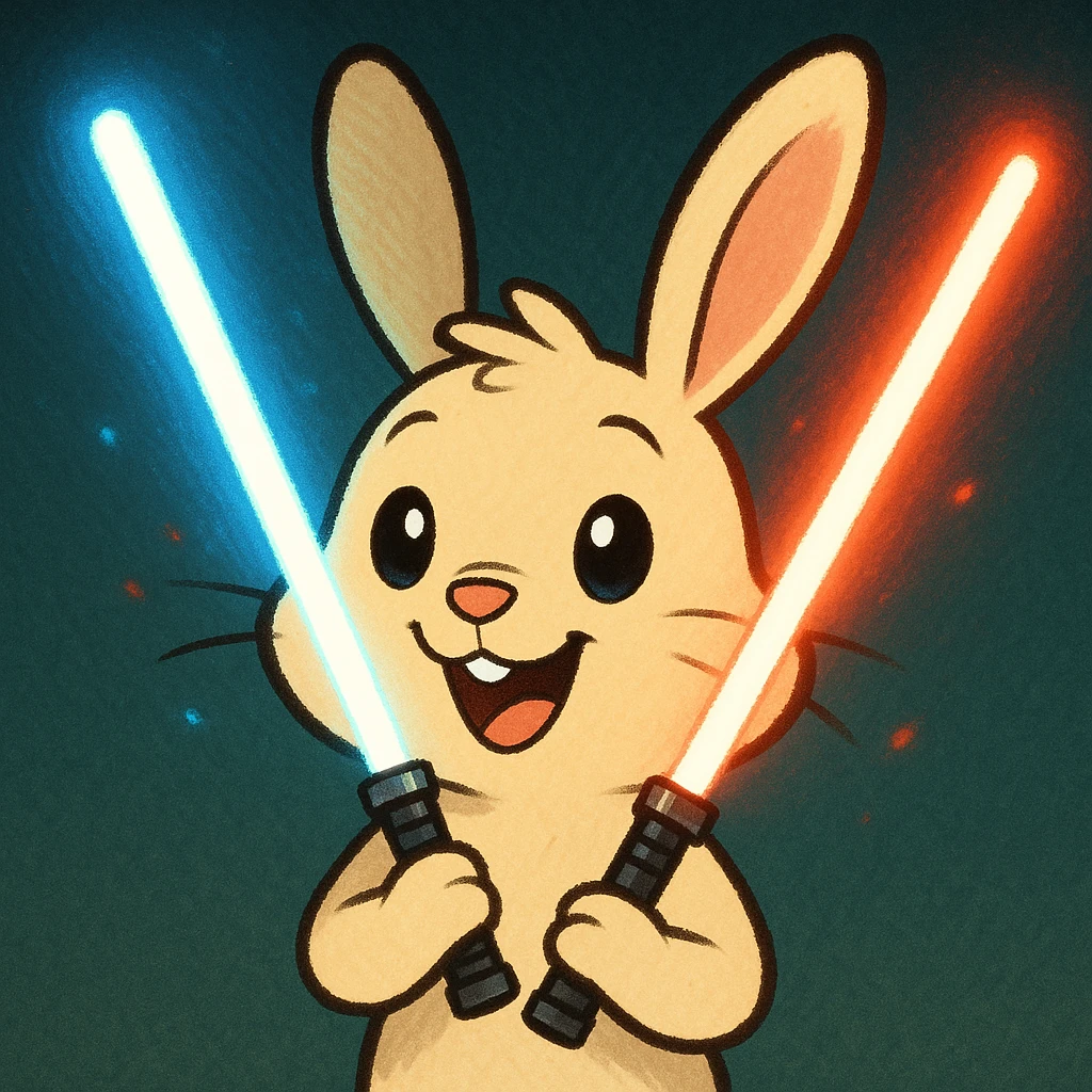 Make the sabers glow. Show only the bunny from the neck up. Give the bunny a more animated look while keeping the cream color and cheerful expression. Maintain the original style's look and feel. emoji