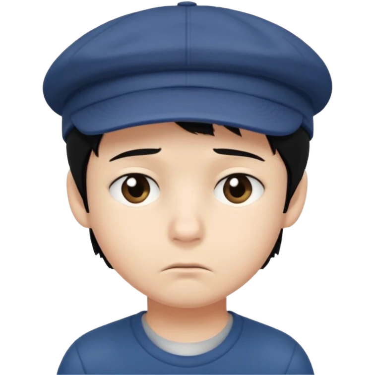 Gere um menino de cabelos preto e boné com feição triste emoji