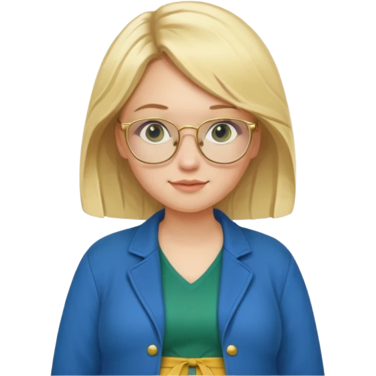pregnant blonde 18-year old with golden glasses in a bright blue dress and a dark green jacket on top of the blue dress standing sassily emoji