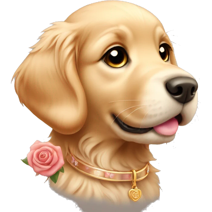 Golden retriever puppy with a rose gold collar emoji