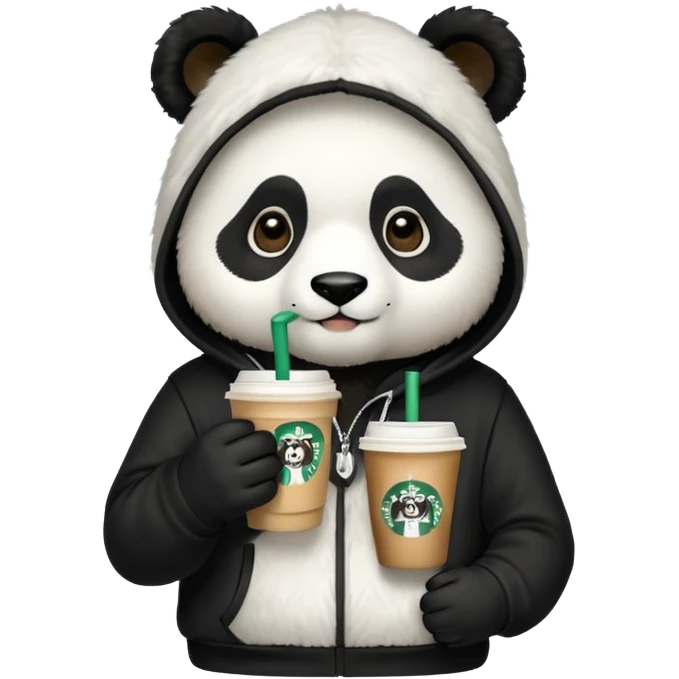 Panda wearing a hoodie and drinking Starbucks emoji