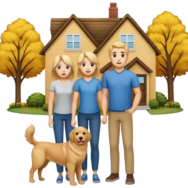 a mom and dad standing in front of a house with their son and a dog next to them (1 dog) and 1 SON not daughter emoji