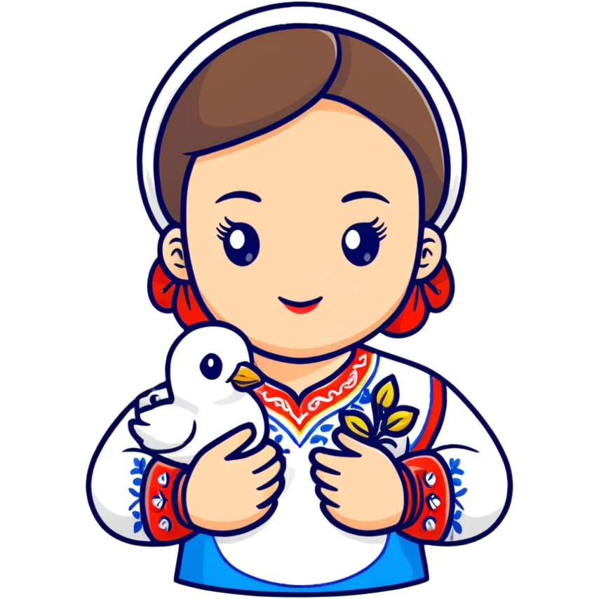 Ukrainian girl wearing a traditional embroidered vyshyvanka shirt with a white dove of peace next to her emoji