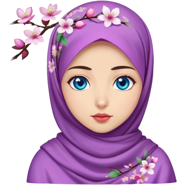 Turkish beautiful finish Konya girl blue eyes with cherry blossom floral purple and mint hijab islamic dress and with yummy Drooling face on the table emoji